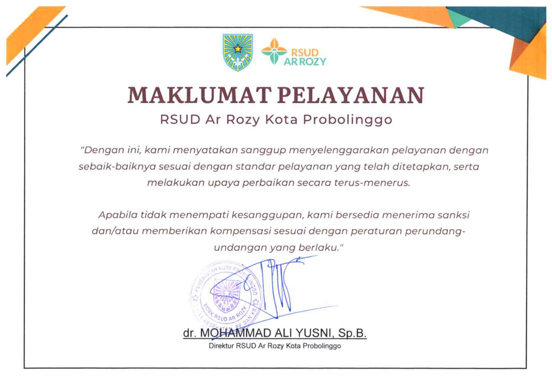 Maklumat Pelayanan RSUD Ar Rozy Kota Probolinggo