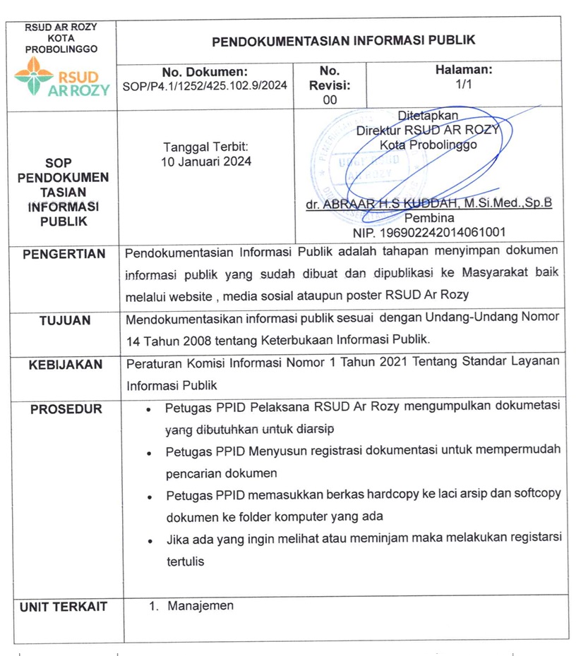 SOP Pendokumentasian Informasi Publik PPID RSUD Ar Rozy