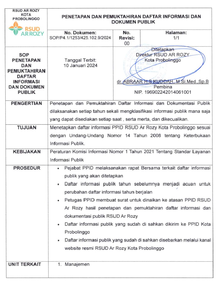 SOP Penetapan dan Pemutakhiran DIP PPID RSUD Ar Rozy