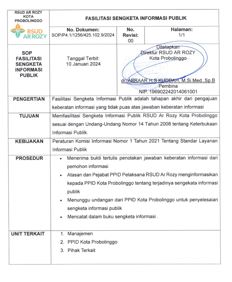 SOP Fasilitasi Sengketa Informasi Publik PPID RSUD Ar Rozy